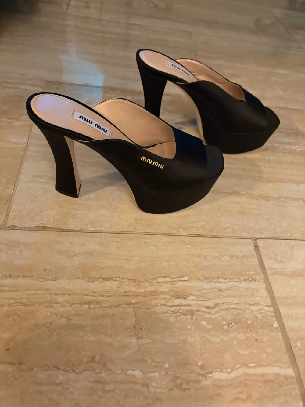 Miu Miu Black Satin Platform Mule Heels 37